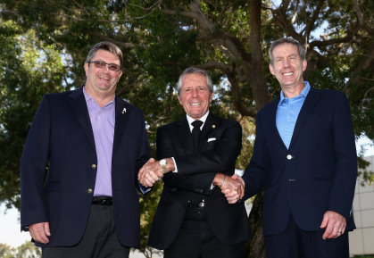 from left Grant Wilson, Chief Operating Officer, Sunshine Tour, Gary Player, Keith Waters, Chief Operating Officer, The European Tour  (Photo by Warren Little/Getty Images)
