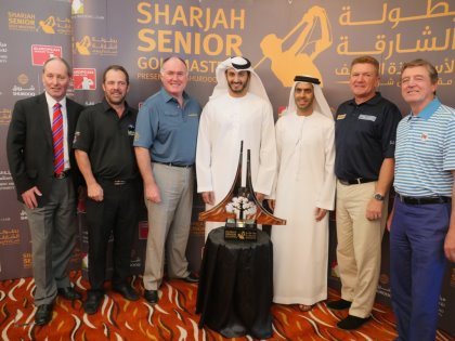 (from left) Andy Stubbs, Malcolm Mackenzie, Ronan Rafferty, H.E Sheikh Sheikh Mohammed Bin Abdulla Al Thani, H.E Marwan Jassim Al Sarkal, Paul Broadhurst, Des Smyth at the launch of the Sharjah Senior Golf Masters presented by Shurooq
