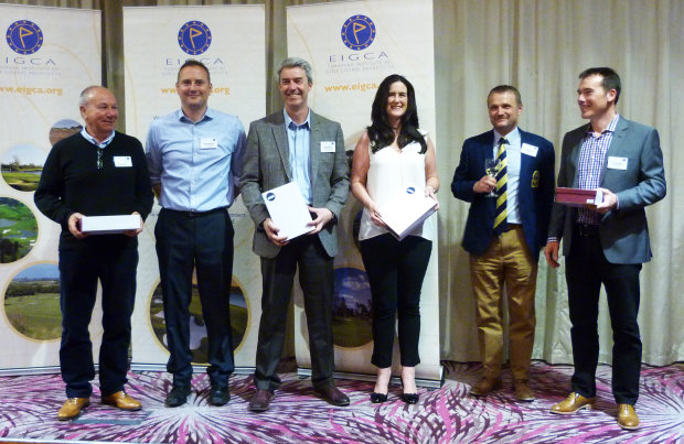 (from left) John Greasley and Charlie Greasley, Andy Brow (Toro), Karen Proctor (Ransomes Jacobsen), Tom Mackenzie and Steve Briggs (MJ Abbott)