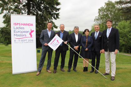  from left: Dirk Glittenberg, Christian Sommer, Manfred Boschatzke, Midori Miyazaki, Ivan Khodabakshsh and Jörg Schlockermann at the launch of the 2016 ISPS HANDA Ladies European Masters at Golf Club Hubbelrath in Dusseldorf, Germany