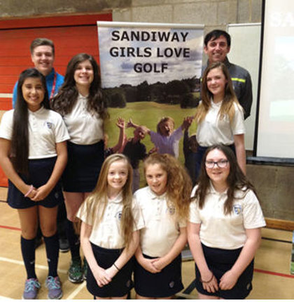 Weaverham High School pupils with Gareth Jones (right), Sandiway PGA professional, and his assistant Matt Dunbabin