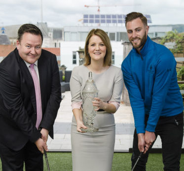 Brian Murphy and Laura Jackson; BD NI Partners teeing off with Ross Oliver; Galgorm Castle Golf Club. Picture: Elaine Hill