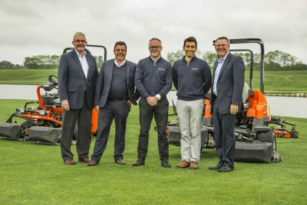 (from right) David Withers, President of Jacobsen; Alejandro Reyes, superintendent of Golf National; Paul Ian Armitage, General Manager of Golf National; Laurent Proupin, General Manager of Ransomes Jacobsen France; and Alan Prickett, Managing director of Ransomes Jacobsen Ltd on the fairway of the 18th hole on the Albatros, the tournament course
