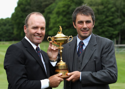 Past Ryder Cup players Thomas Levet and Jean Van de Velde of France  (Photo by Bryn Lennon/Getty Images)