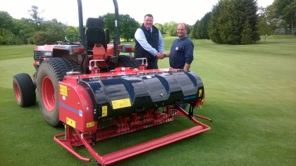 Mark House, Groundcare Area Sales Manager for Ernest Doe Benington (left) delivers a Wiedenmann Terra Spike GXi8 HD deep aerator to Barry Neville, Course Manager at Stanmore Golf Club