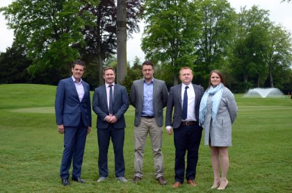 QHotels’ group golf director John Angus (left) with Whole in One Golf directors Dan Weir, Nick Williams, Chris Bradshaw and Kelly Bradshaw