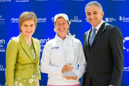 Catriona Matthew with First Minister Nicola Sturgeon and Ladies European Tour CEO Ivan Khodabakhsh photo credit: Tristan Jones