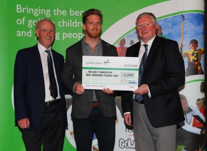 Publisher Will Shucksmith (centre) presents the cheque to Foundation Chairman Stephen Lewis (right) and President Sandy Jones (left)