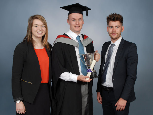 Elliot Wilson (centre) with Ransomes Jacobsen representatives, Ella Boyden, PR Officer and Alex Hall, Marketing Co-ordinator
