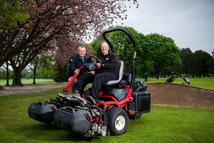 Head greenkeeper James Sievwright, seated, and Reesink Turfcare’s David Raitt