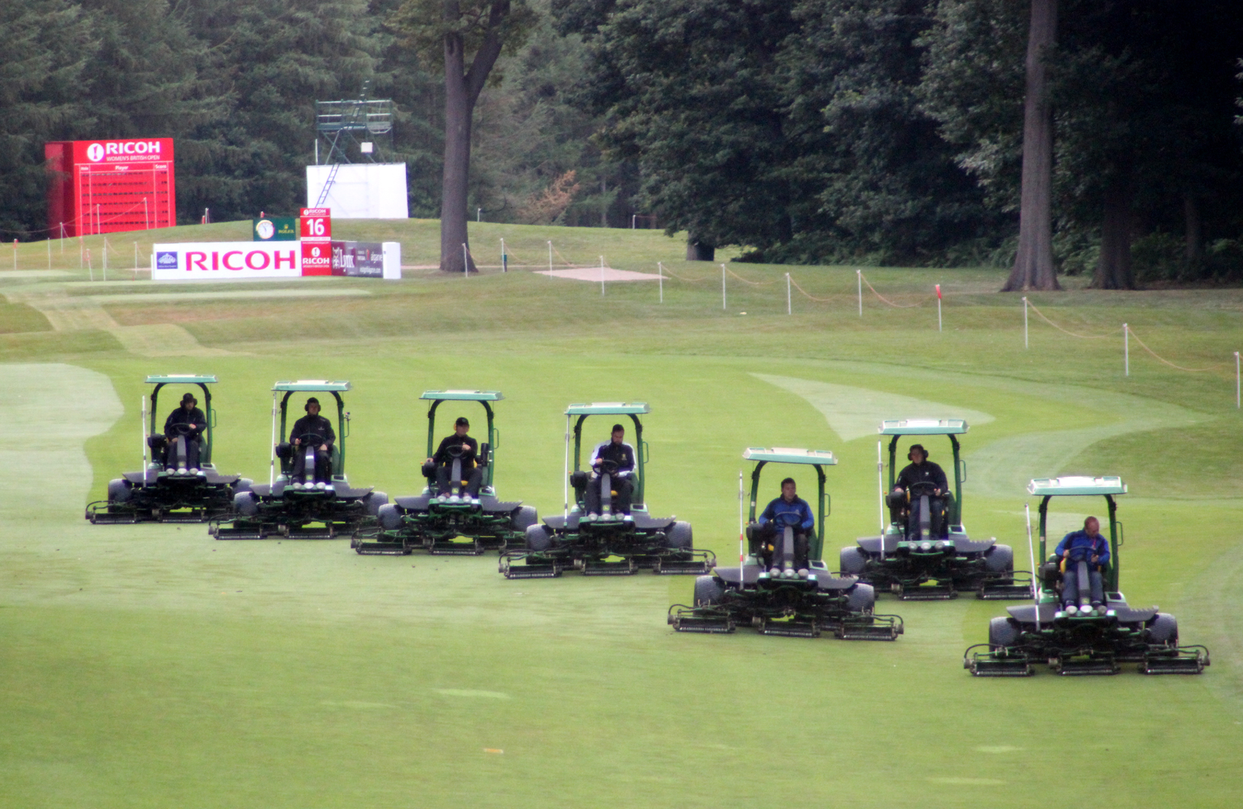 Part of Woburn Golf Club’s John Deere fairway mower fleet preparing for the 2016 Ricoh Women's British Open (photo supplied by Tillers Turf Company Ltd)