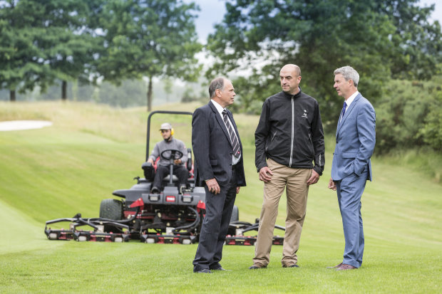 (from left) Reesink Turfcare’s Jeff Anguige with The Wisley’s director of greens John Lockyer and Toro’s Andrew Brown.

 