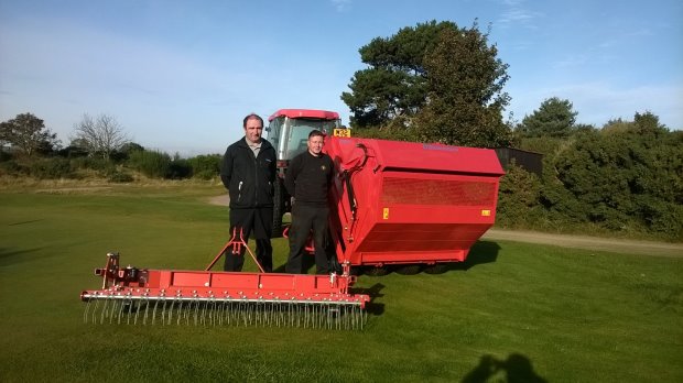 John Morton, Area Manager (North) for Fairways GM, with Richard Johnstone Course Manager for Nairn Dunbar Links together with the Wiedenmann Terra Rake 2.3m and Super 500