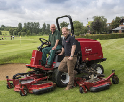 Head greenkeeper of Barnham Broom Golf Club Brian Lemmon seated on the club’s Toro Groundsmaster 4000-D, with Reesink Turfcare’s Danny Lake
