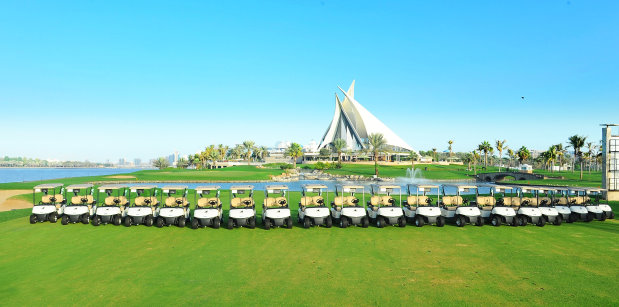 A selection of the E-Z-GO RXV golf cars at Dubai Golf’s Dubai Creek Golf & Yacht Club