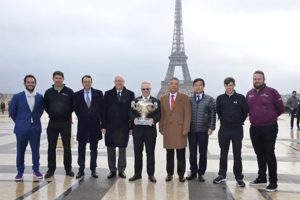 PARIS, FRANCE - JANUARY 09:  (L-R) Alexander Levy, Padraig Harrington, Jean Louis Charon, Keith Pelley, Chen Wenli, Yang Guang, Matthew Fitzpaterick and Shane Lowry attend a photocall before the Open de France press conference on January 9, 2017 in Paris, France.  (Photo by Aurelien Meunier/Getty Images)