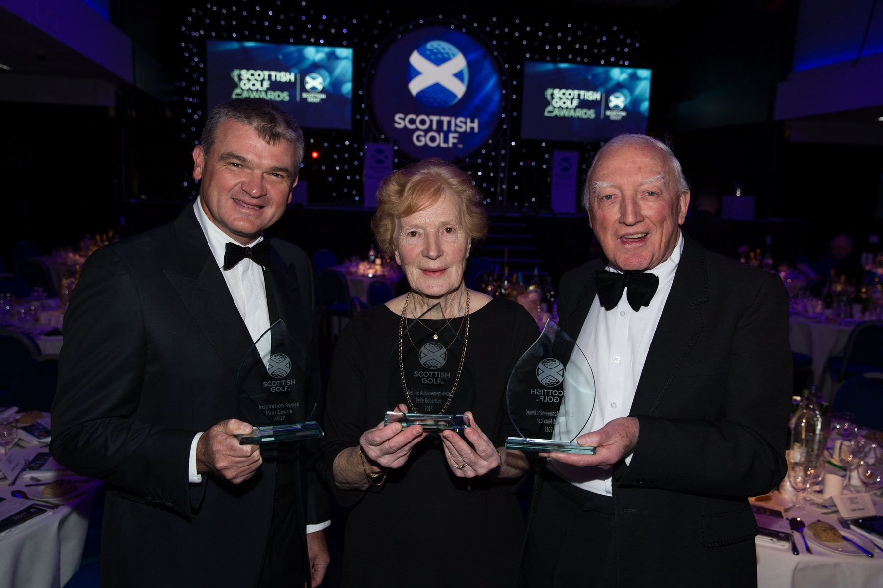 Paul Lawrie, Belle Robertson and Jock MacVicar (Pic Courtesy of Scottish Golf)
The three main winners from tonights awards Jock MacVicar &amp; Belle Robertson (Joint Lifetime Achievement awards) and Paul Lawrie (Inspirational Award)
Pic Kenny Smith, Kenny Smith Photography
Tel 07809 450119