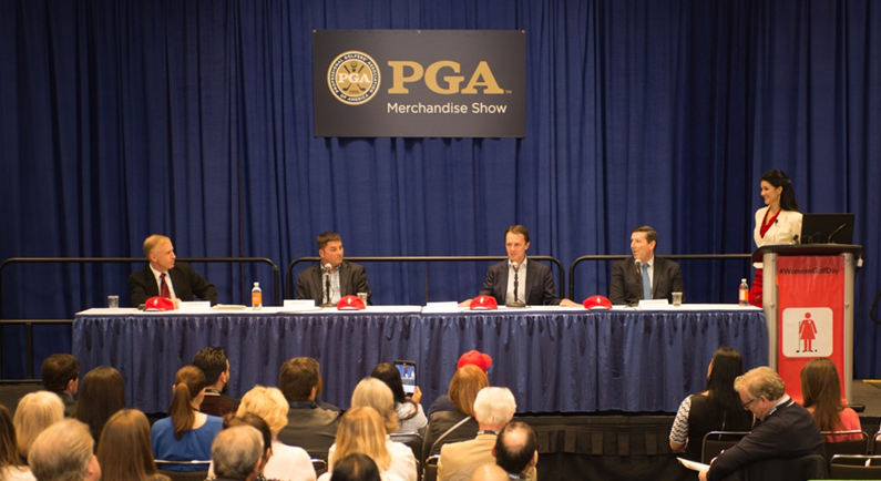 Women's Golf Day press conference Orlando from left: Steve Mona (World Golf Foundation) Mark Gore (ClubCorp), David MacLaren (European Tour Properties), and Antony Scanlon (International Golf Federation) with moderator Elisa Gaudet, founder of Women’s Golf Day