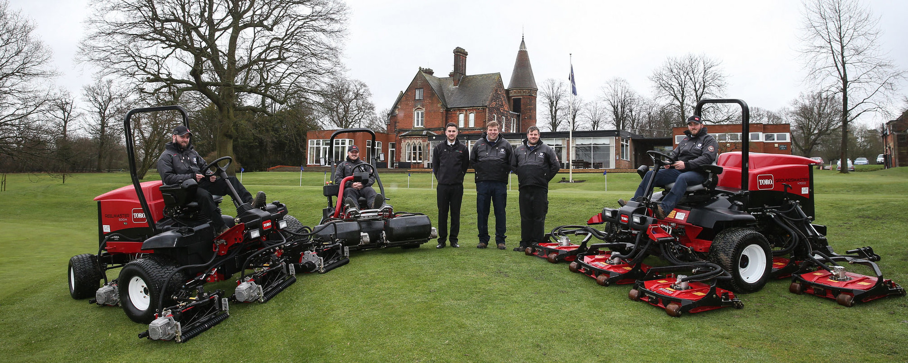 Simon Woolley, Brickendon Grange Golf course manager, standing centre, with James Boyle, Oliver Landpower, to his left and Lewis Mattholie deputy head greenkeeper to his right with members of the greenkeeping team seated on the club’s new Toro machines