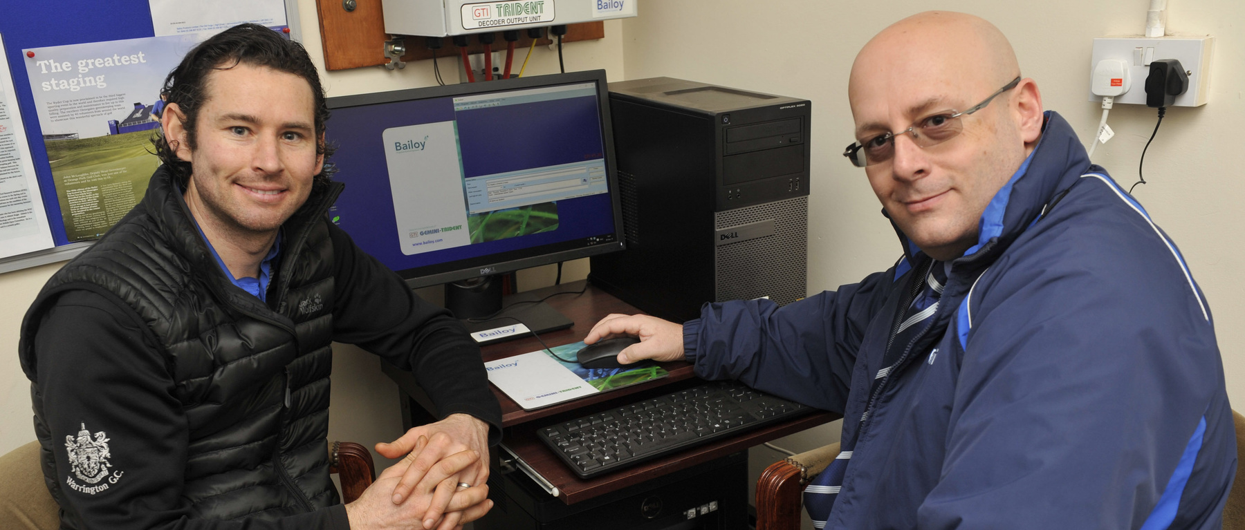 Warrington Golf Club course manager John McLoughlin (left) with Bailoy’s Phil Chadwick demonstrating the club’s Bailoy system