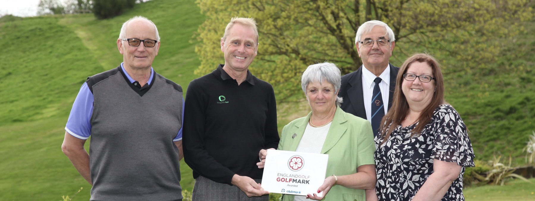 Bakewell Golf Club receives its GolfMark award (from left) Neil Peters (Club Captain), Nigel Furniss (Derbyshire Golf), Val Cousin (Junior Organiser), Geoff Holmes (Club President), and Jean Goodwin (Ladies Captain)
