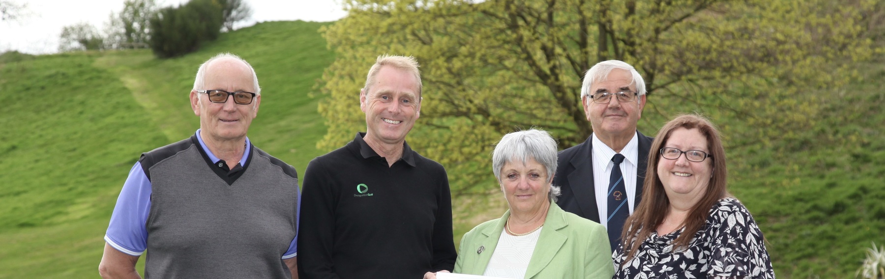 from left: Neil Peters (Club Captain), Nigel Furniss ( Derbyshire Golf), Val Cousin (Junior Organiser), Geoff Holmes ( Club President), Jean Goodwin ( Club Ladies Captain)
