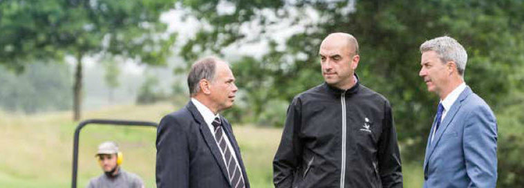 The Wisley’s director of greens John Lockyear, middle, with Toro’s Andrew Brown, right, and Reesink Turfcare’s Jeff Anguige