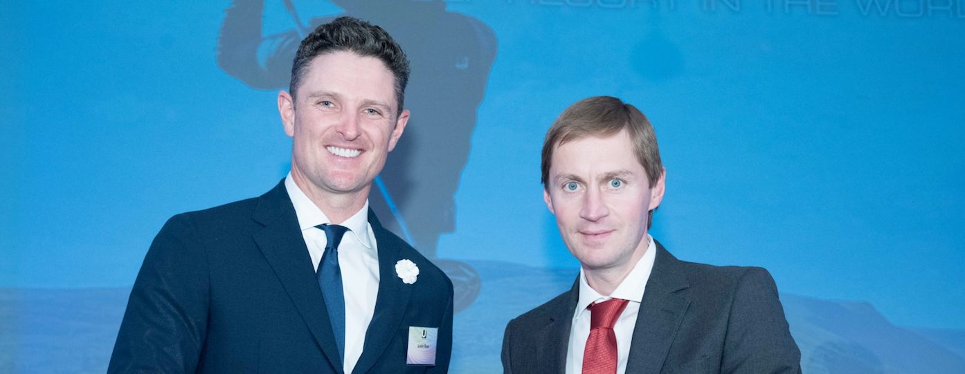 Bernard Murphy, Managing Director of Gleneagles (right), collects the 'Best Golf Resort in the World’ award from Justin Rose