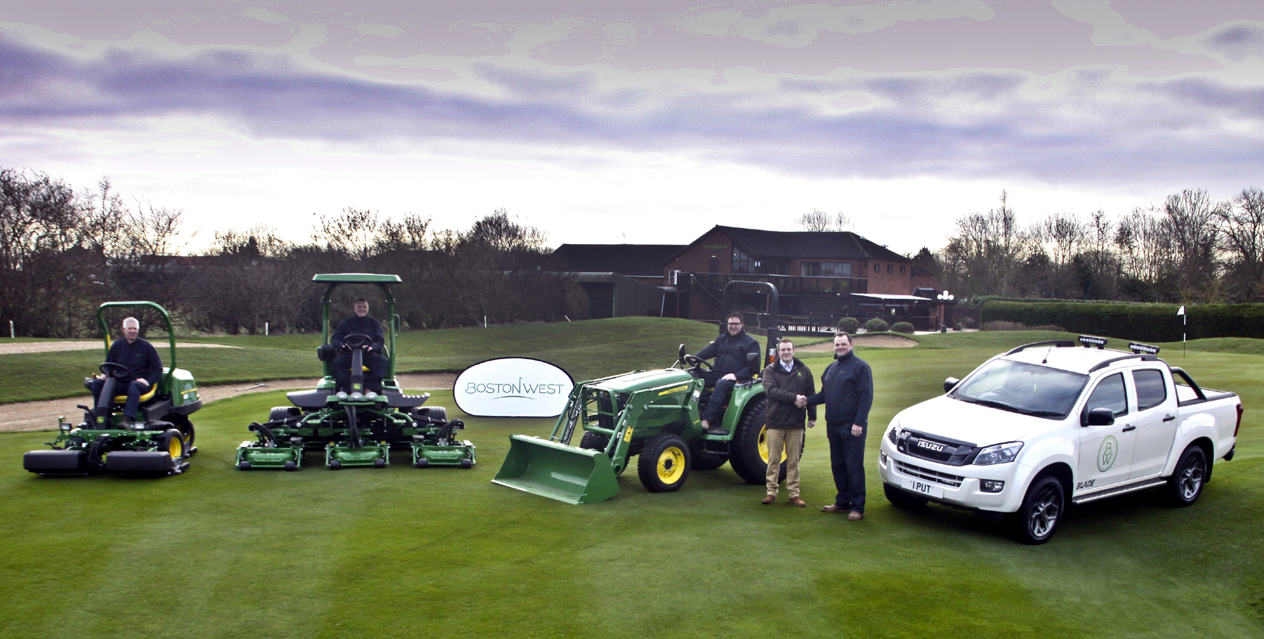 (from left) Greenkeepers Roy Hornsey, Paul Thomas and Phil Chantry, Adamsons area manager Steve Blanchard and Boston West course manager Tom Luffman.