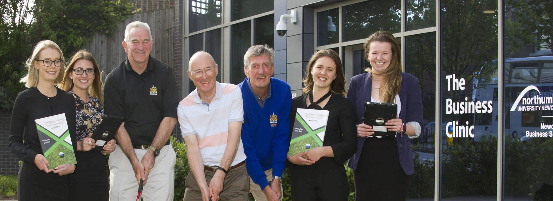 NBS Business Clinic students with representatives of Whitley Bay Golf Club outside the new Business Clinic premises. (L to R): Ashleigh Foster, Megan Barratt, Steve Combe (Director/Chairman WBGC) Keith Williamson (Director WBGC) Alan Gair (immediate past Captain, WBGC) Kirsty Huggins, Heather Johnson. Ashleigh, Megan, Kirsty and Heather worked together as ‘Four Bridges Consultancy’
