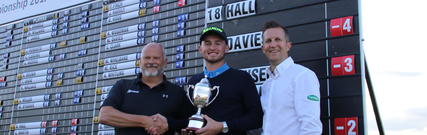 (from left) President of Srixon Sports Europe Leslie Hepsworth, winner Ben Hall and Foremost Managing Director Andy Martin