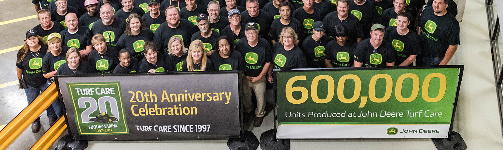 John Deere Turf Care celebrates their 20th anniversary. Employees group photo. July 21, 2017.