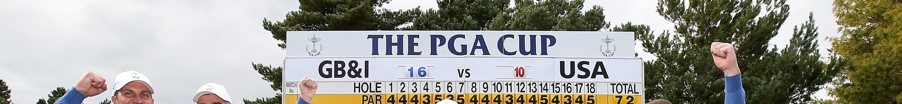 OTTERSHAW, ENGLAND - SEPTEMBER 17:  The victorious GB&amp;I team poses with the trophy during the singles matches on the final day of the 28th PGA Cup at Foxhills Golf Course on September 17, 2017 in Ottershaw, England.  (Photo by Jan Kruger/Getty Images)