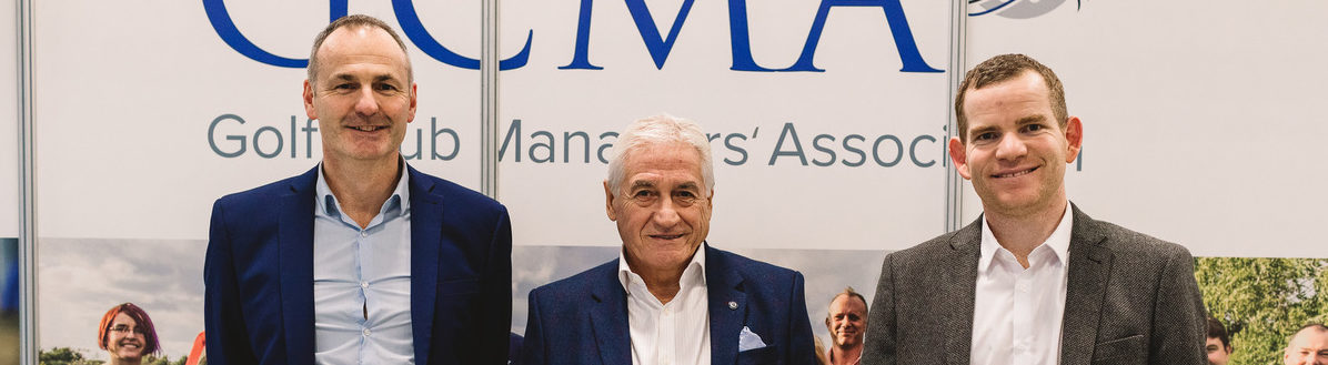 GCMA CEO Bob Williams with Jimmy Sandison (left) Rain Bird Golf Area Sales Manager – UK, Ireland, Iceland) and Alastair Higgs (right) Rain Bird Golf Sales Specialist at the GCMA 2017 Conference