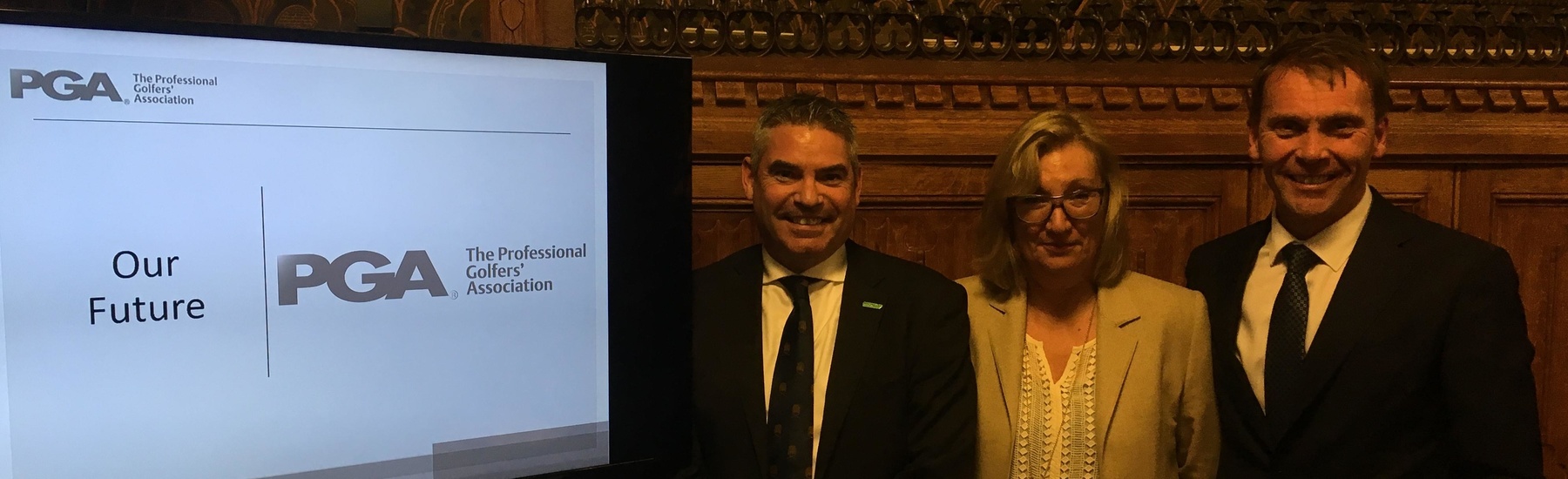 The Chairman of the UK Parliament’s All-Party Group for Golf, North Warwickshire MP Craig Tracey (centre) pictured last year with APPGG Vice-Chairman Baroness Nye of Lambeth and CEO of The PGA of GB&I, Robert Maxfield