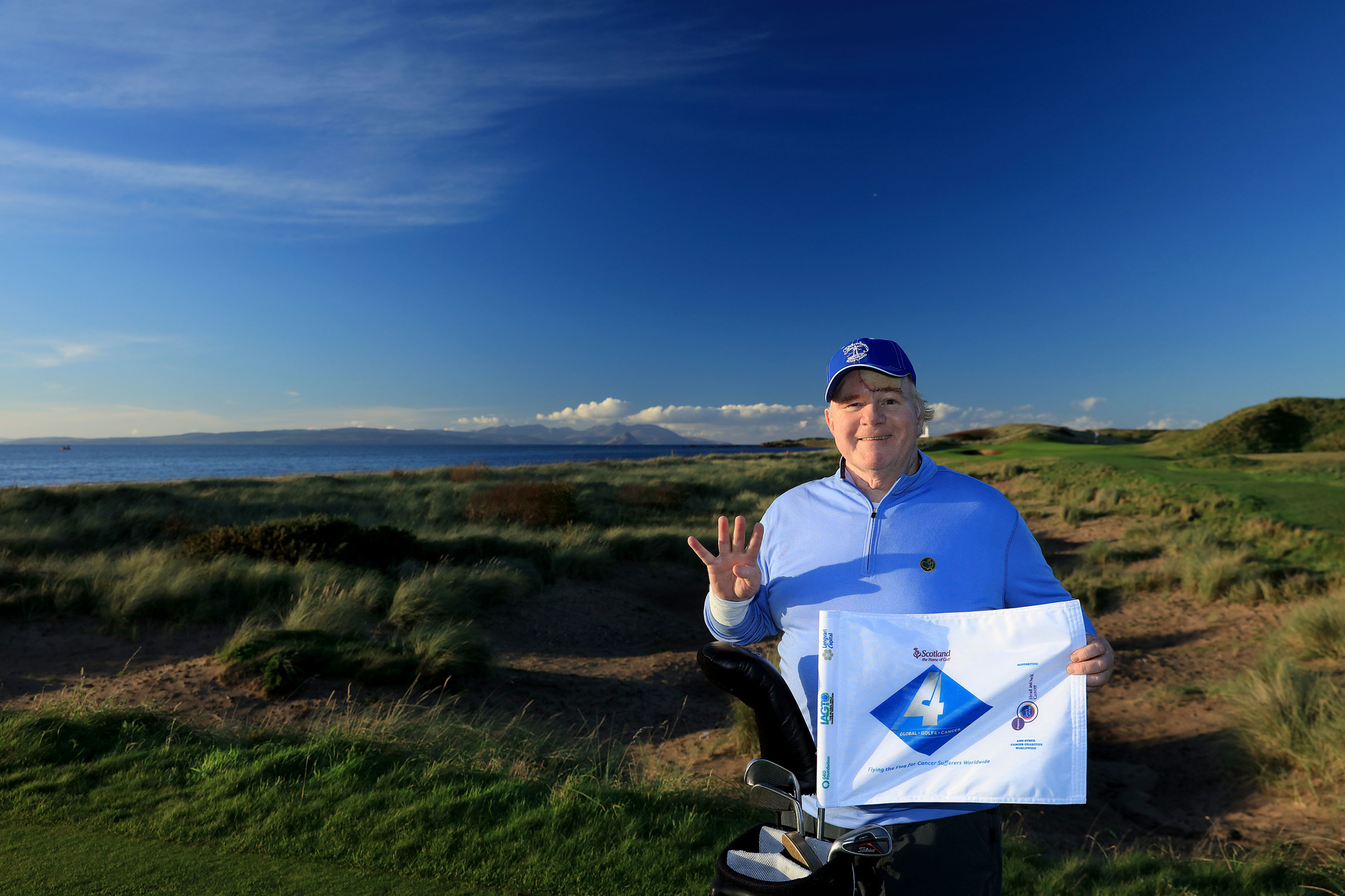 TURNBERRY, SCOTLAND - OCTOBER 14:  Nick Edmund of England starts his Turnberry to Dornoch Scottish GlobalGolf4Cancer '4 flag' campaign on the 4th hole of the Ailsa Course at 4.44pm at Turnberry Golf Club on October 14, 2018 in Turnberry, Scotland.  (Photo by David Cannon/Getty Images) *** Local Caption *** Nick Edmund