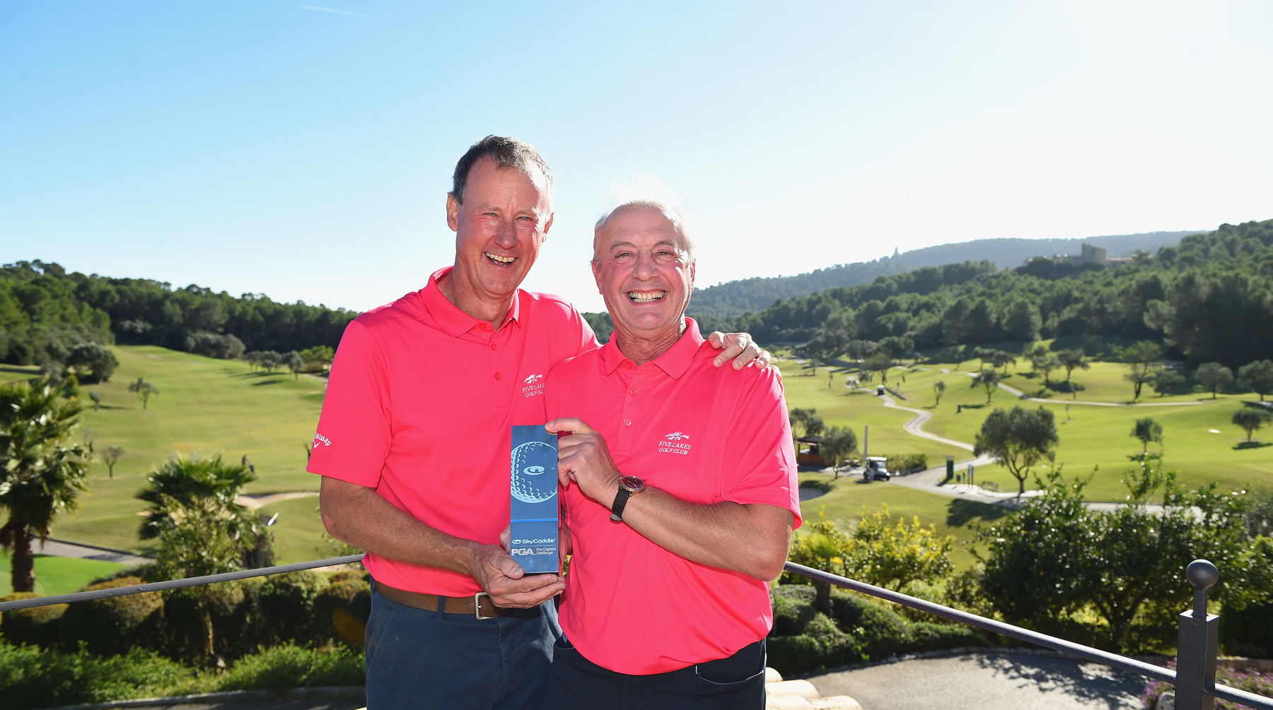 PALMA DE MALLORCA, SPAIN - NOVEMBER 07: Gary Carter and Nigel Popper, Captain of Five Lakes Hotel Golf and Country Club pose with the Trophy after winning the SkyCaddie PGA Pro-Captain Challenge Grand Final during Day Two of the SkyCaddie PGA Pro-Captain Challenge Grand Final at Arabella Golf Mallorca - Golf Son Muntaner on November 7, 2018 in Mallorca, Spain. (Photo by Tony Marshall/Getty Images)