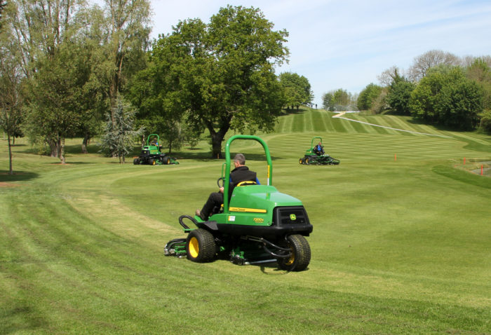 The three new John Deere A Model mowers at work on the 10th fairway at Hinckley Golf Club