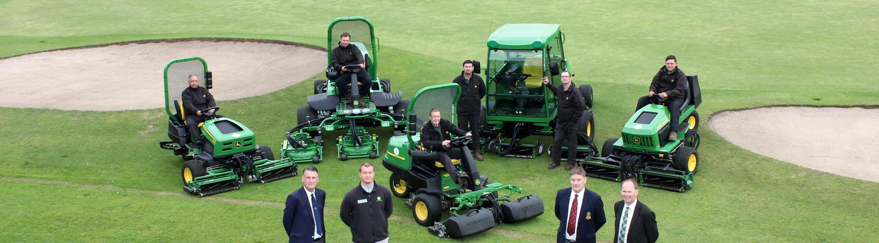 Teesside Golf Club greenkeeper Lee Cameron operating the new John Deere 2500B PrecisionCut greens mower