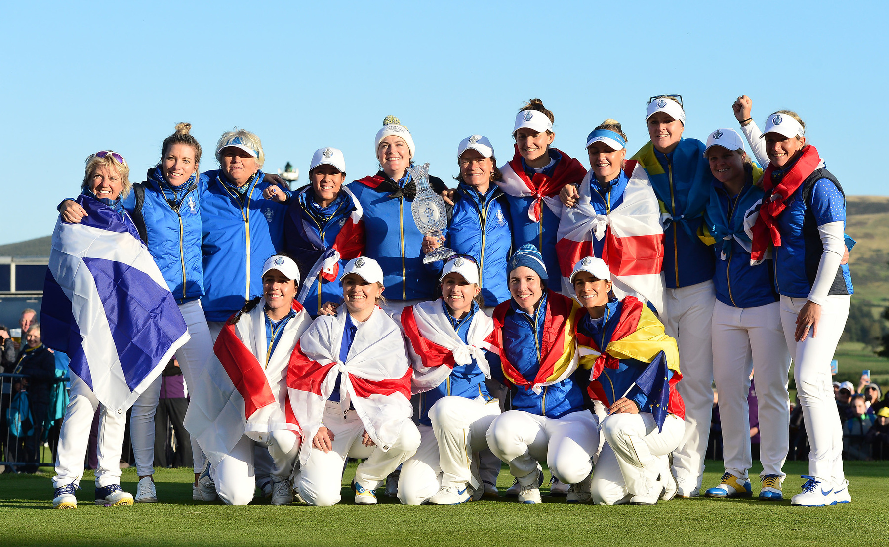 15/09/2019. Ladies European Tour 2019. The Solheim Cup, PGA Centenary Course, Gleneagles Hotel, Scotland. 13-15 September 2019. The European team celebrate together as they win the Solheim Cup. Credit: Mark Runnacles/LET