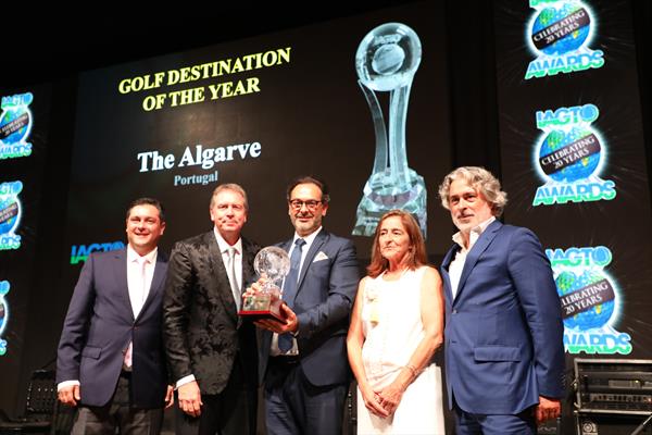 João Fernandes, President of Algarve Tourism (centre), alongside colleagues and standing next to IAGTO Chief Executive, Peter Walton
