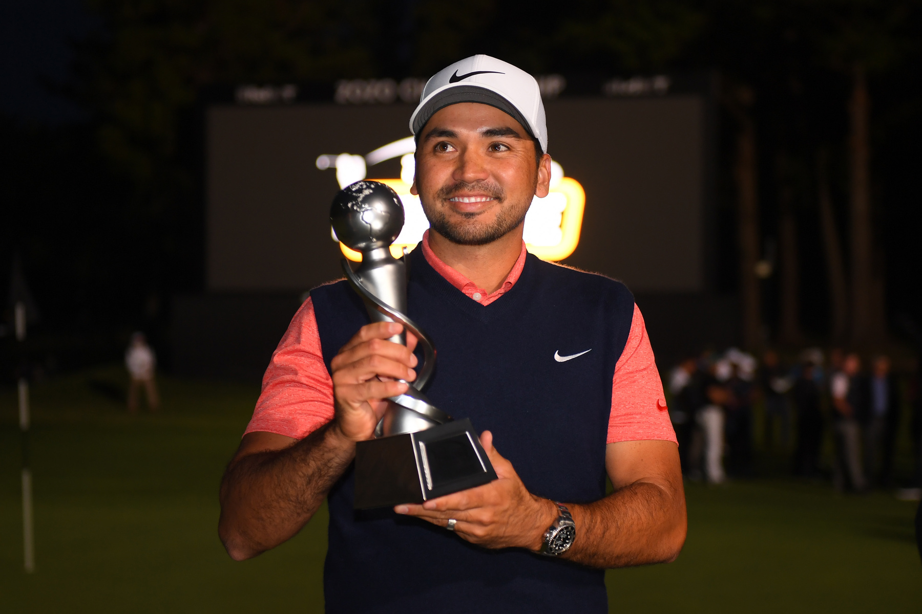 INZAI, JAPAN - OCTOBER 21: Jason Day of Australia poses with the trophy after The Challenge: Japan Skins at Accordia Golf Narashino Country Club on October 21, 2019 in Inzai, Chiba, Japan. (Photo by Atsushi Tomura/Getty Images)