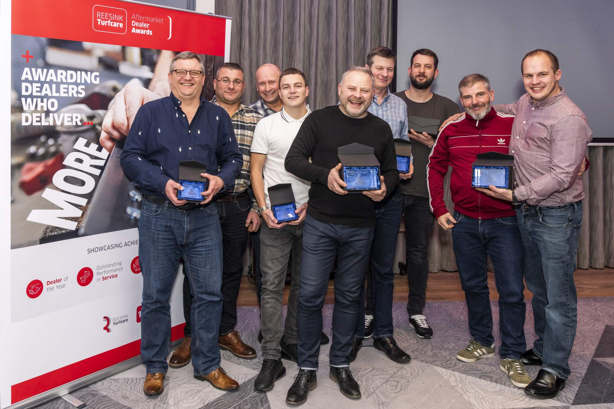 The winners, from left: Nathan Bond, Oliver Landpower, Russell Revill, Revill Mowers, Mark Woodward and Kyle Muldoon, Cheshire Turf Machinery, Glen McVittie, Lloyd Ltd, Graham Hall, RedTech Machinery, Simon Burton and Martin Bell, Lloyd Ltd and Jason Revill, Revill Mowers