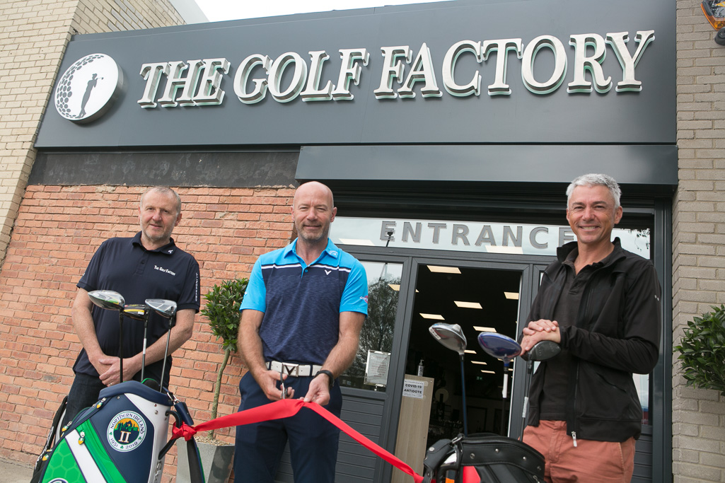 Football legend Alan Shearer officially opens The Golf Factory's new premises along with former Olympic triple-jumper Jonathan Edwards (right) and Ronnie Tweedy (left), co-owner of The Golf Factory