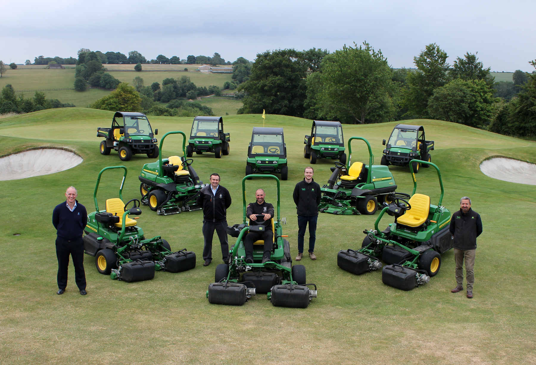 Minchinhampton Golf Club general manager Simon Pope (far left) and courses manager Adam Matthews (centre) with (left to right) John Deere territory manager Nick Ashman, dealer Tallis Amos Group area sales manager Alex Jones and TAG director Colin McIntyre