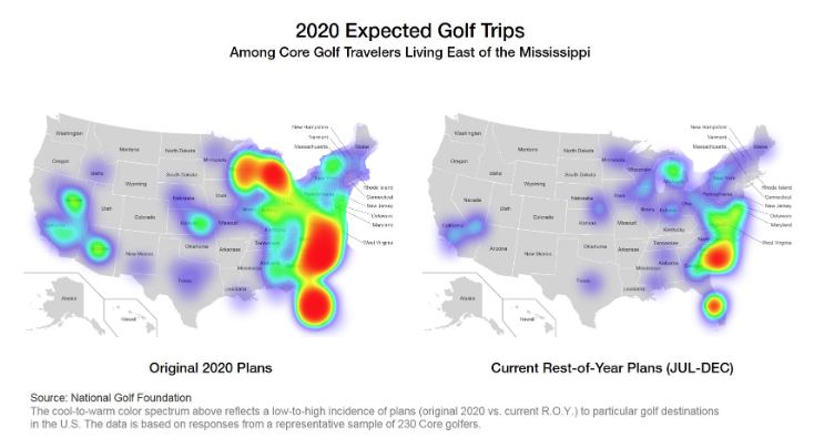 How intent to travel to various locations (by core golfers living east of the Mississippi) has changed since the beginning of the year