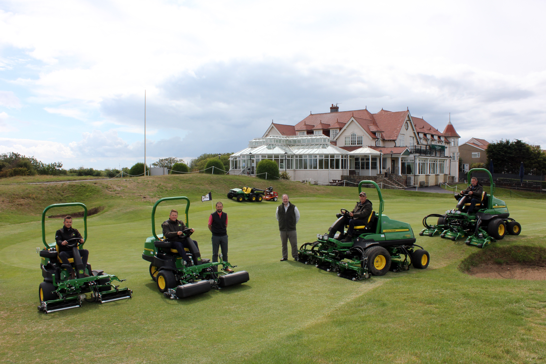 (from left) Scott Trestrail of John Deere dealer F G Adamson & Son with North Shore head greenkeeper Brett Cornelius, director of golf John Strode, owner William Mitchell and greens staff Graham Larder and Paul Wilkinson