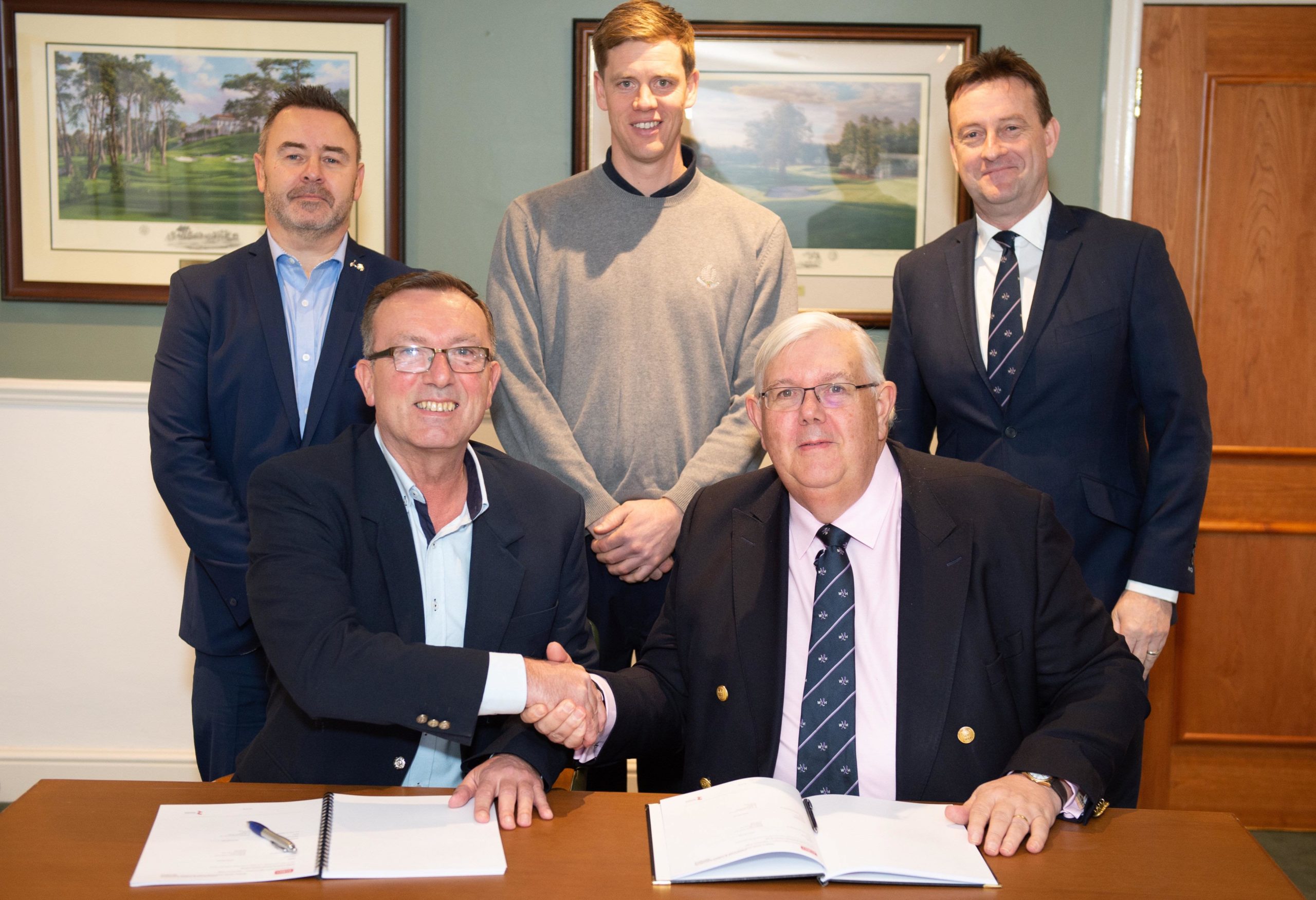 Front right, club chairman Alastair Wells with Reesink's regional manager Larry Pearman. From back left: Reesink Turfcare’s area retail sales manager Mike Taylor, course manager Michael Mann and club secretary Stuart Christie. (Photograph taken February 2020, before social distancing.)