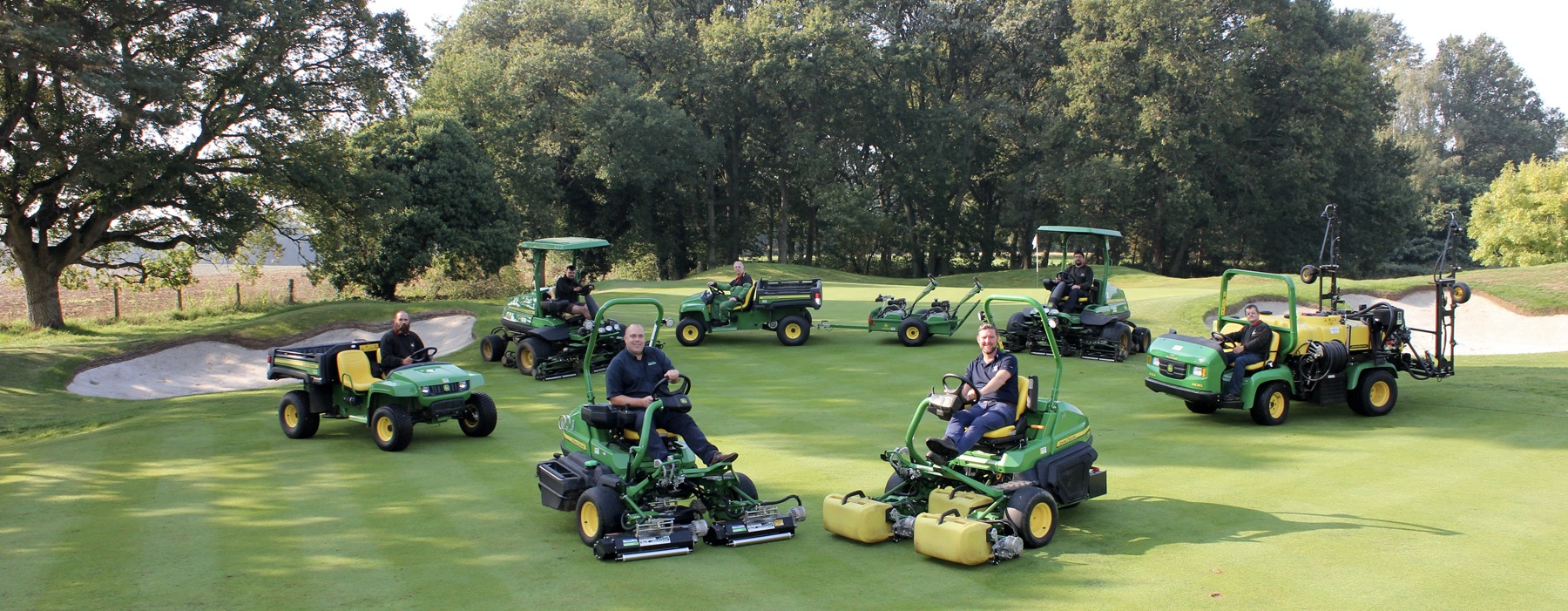 (Front right &amp; left) West Surrey Golf Club course manager Alec MacIndoe with dealer Farol golf &amp; grass director James Moore and greenkeeping staff (rear left to right) Tom Horton, Morgan Jenkins, mechanic Steve Cook, Barry Cannon and Greg Richardson