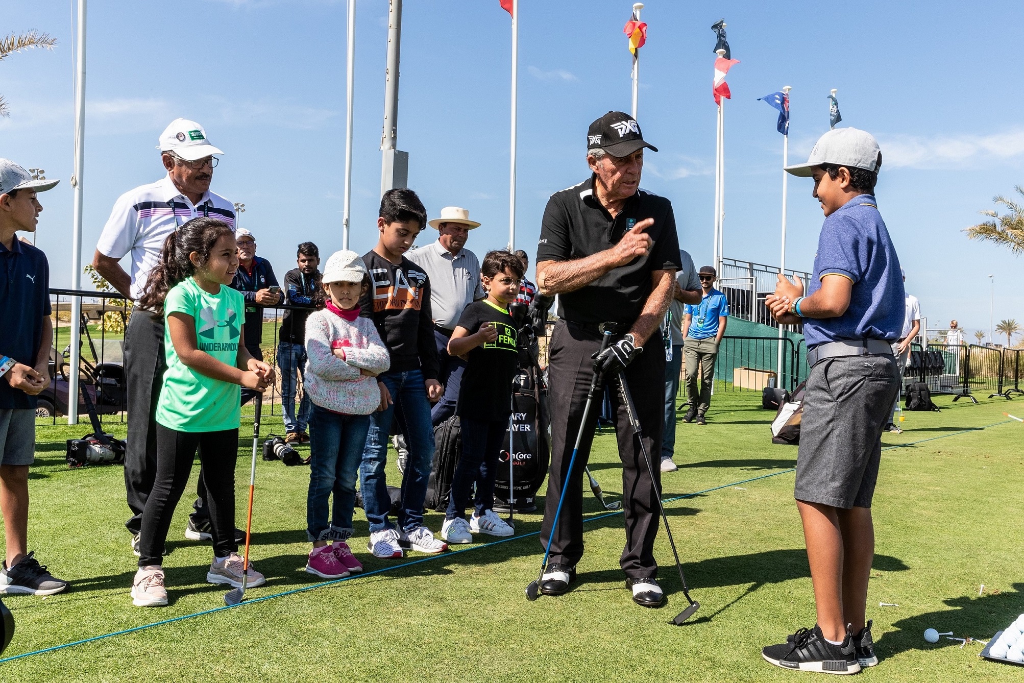 Gary Player hosting a junior golf clinic at the 2020 Saudi International 